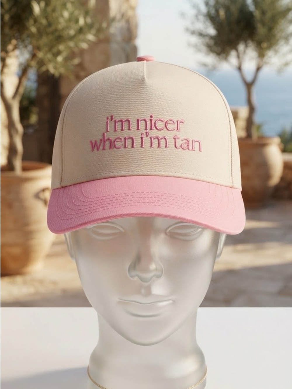 Katydid Cream & Pink 'i'm nicer when i'm tan' Trucker Hat